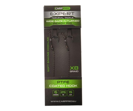 Готовий повідець Carp Pro Wide Gape In-Turned Ready Rig 15см Sinking Braid 25 lb x8 PTFE №6