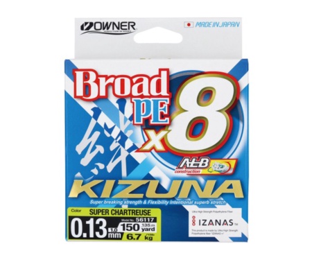 Шнур Owner Kizuna Broad PEx8 135м 0.13мм 6.7кг Chartreuse
